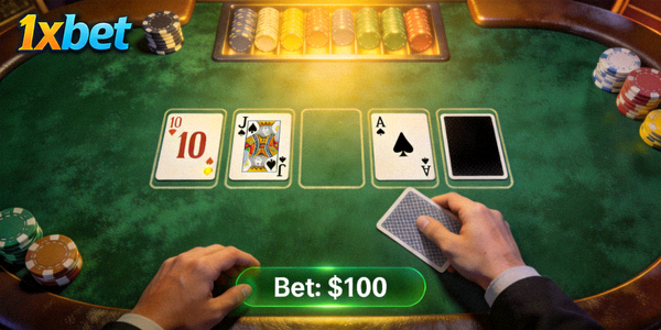 1xbet 二十一點遊戲桌面，顯示玩家與莊家的手牌