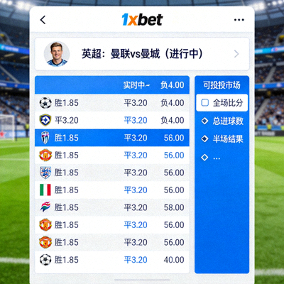 1xbet 即時投注介面，展示比賽進行中不斷更新的賠率與可投注市場