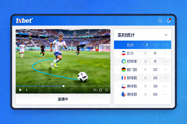 1xbet 賽事直播頁面截圖，展示左側直播播放器與右側即時數據統計面板